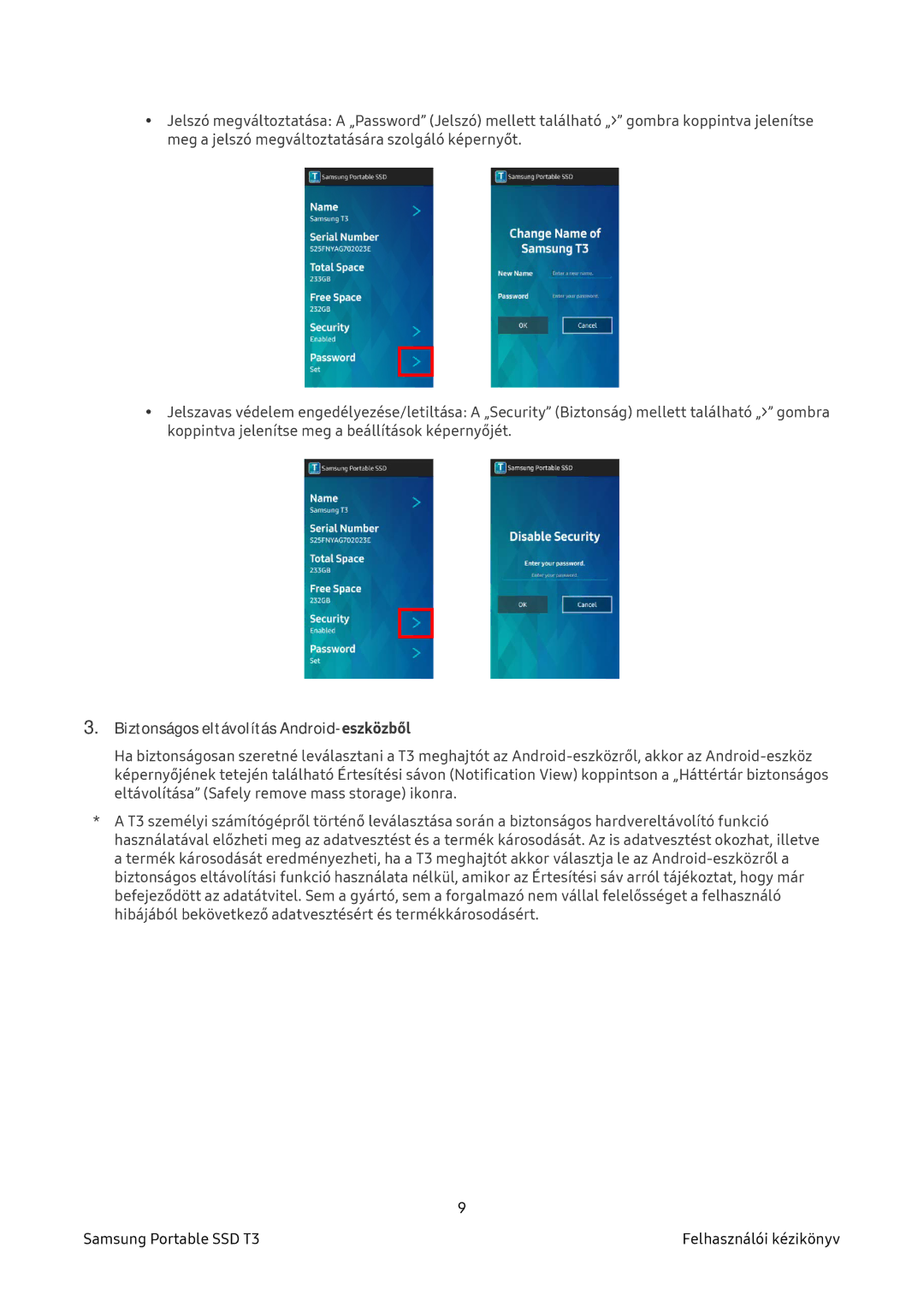 Samsung MU-PT2T0B/EU, MU-PT500B/EU, MU-PT250B/EU, MU-PT1T0B/EU manual Biztonságos eltávolítás Android-eszközből 