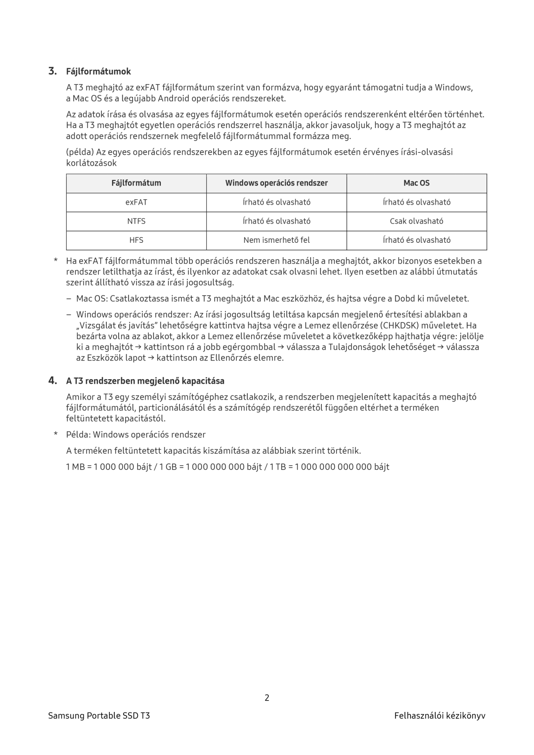 Samsung MU-PT500B/EU, MU-PT2T0B/EU, MU-PT250B/EU, MU-PT1T0B/EU manual Fájlformátumok, T3 rendszerben megjelenő kapacitása 