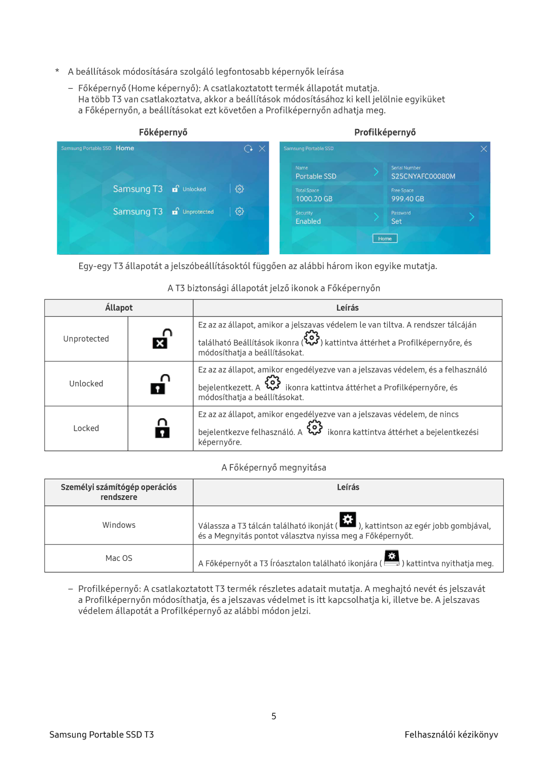 Samsung MU-PT2T0B/EU, MU-PT500B/EU, MU-PT250B/EU, MU-PT1T0B/EU manual Főképernyő, Állapot Leírás 