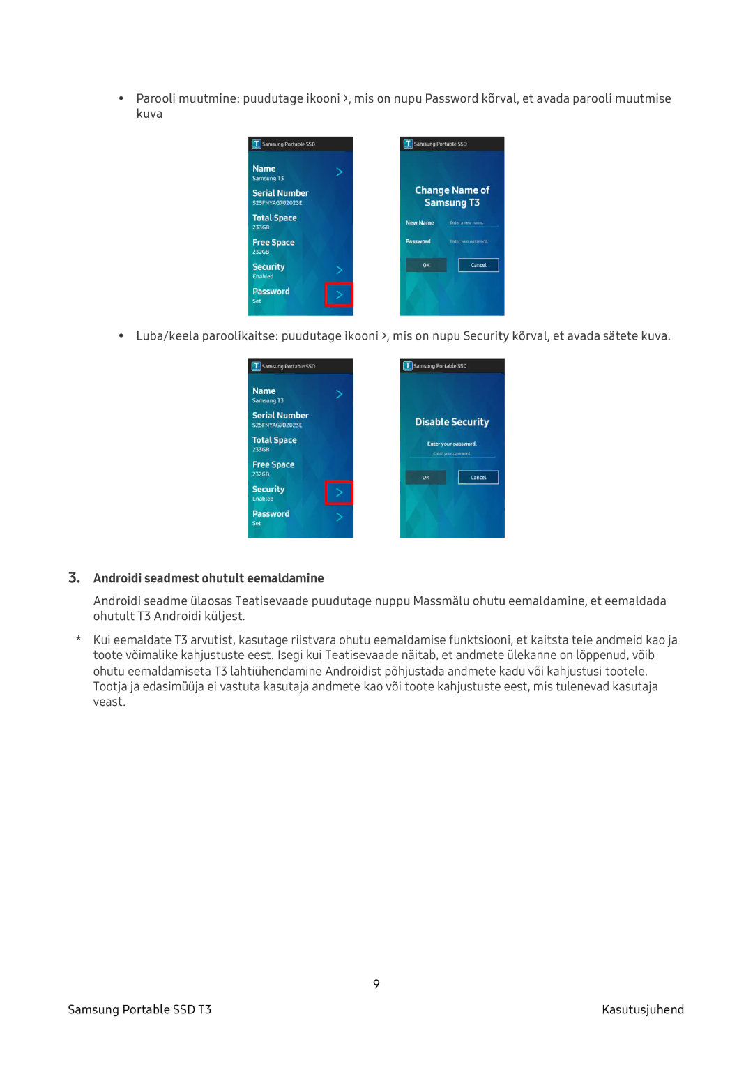 Samsung MU-PT500B/EU, MU-PT250B/EU, MU-PT1T0B/EU manual Androidi seadmest ohutult eemaldamine 