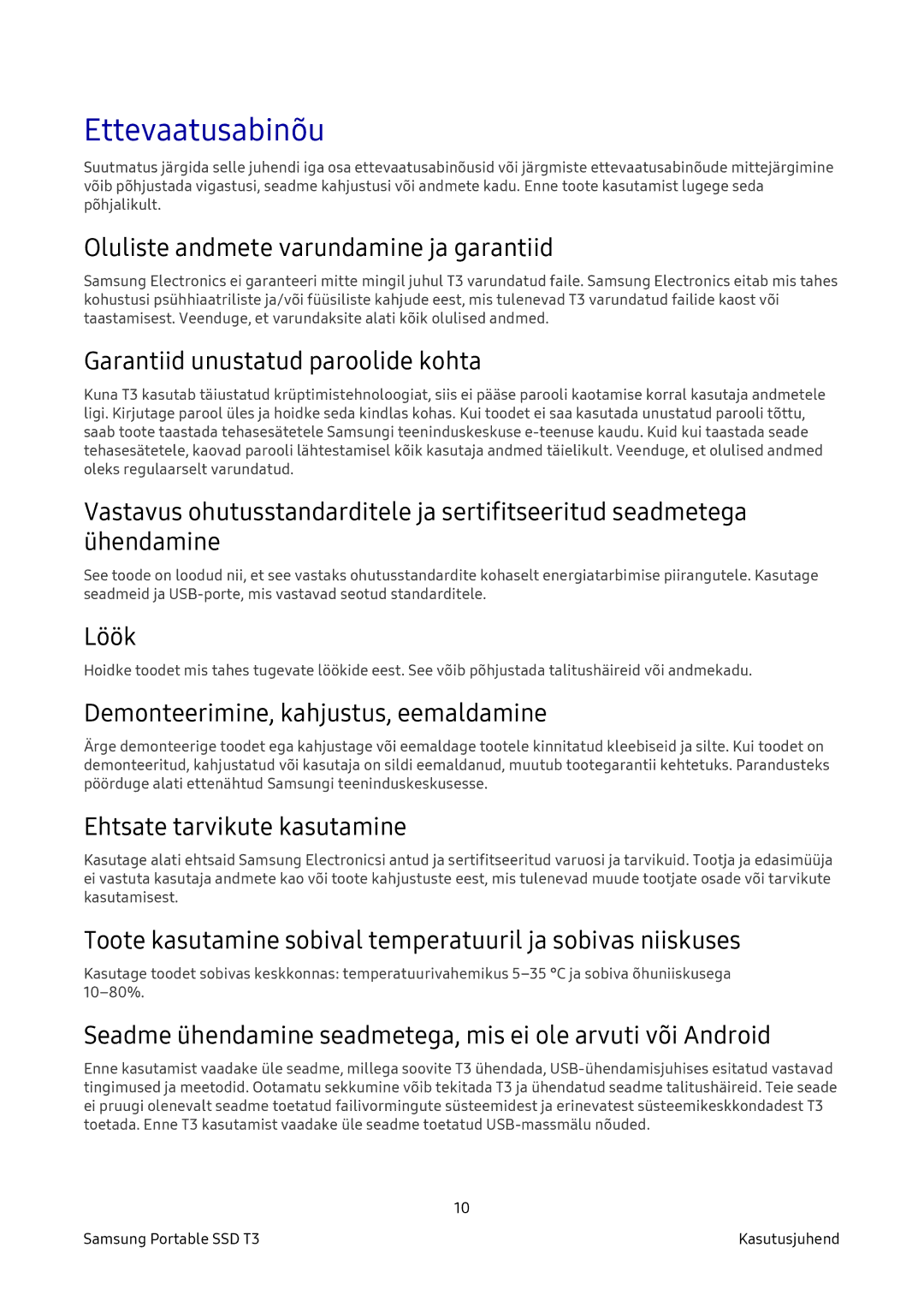 Samsung MU-PT250B/EU, MU-PT500B/EU, MU-PT1T0B/EU manual Ettevaatusabinõu 