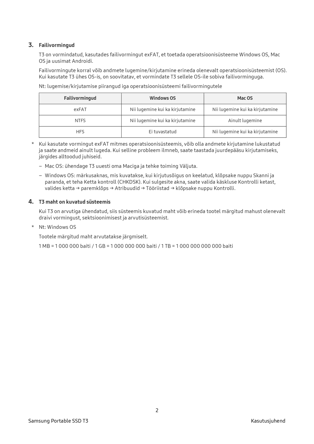 Samsung MU-PT1T0B/EU, MU-PT500B/EU, MU-PT250B/EU manual Failivormingud, T3 maht on kuvatud süsteemis 