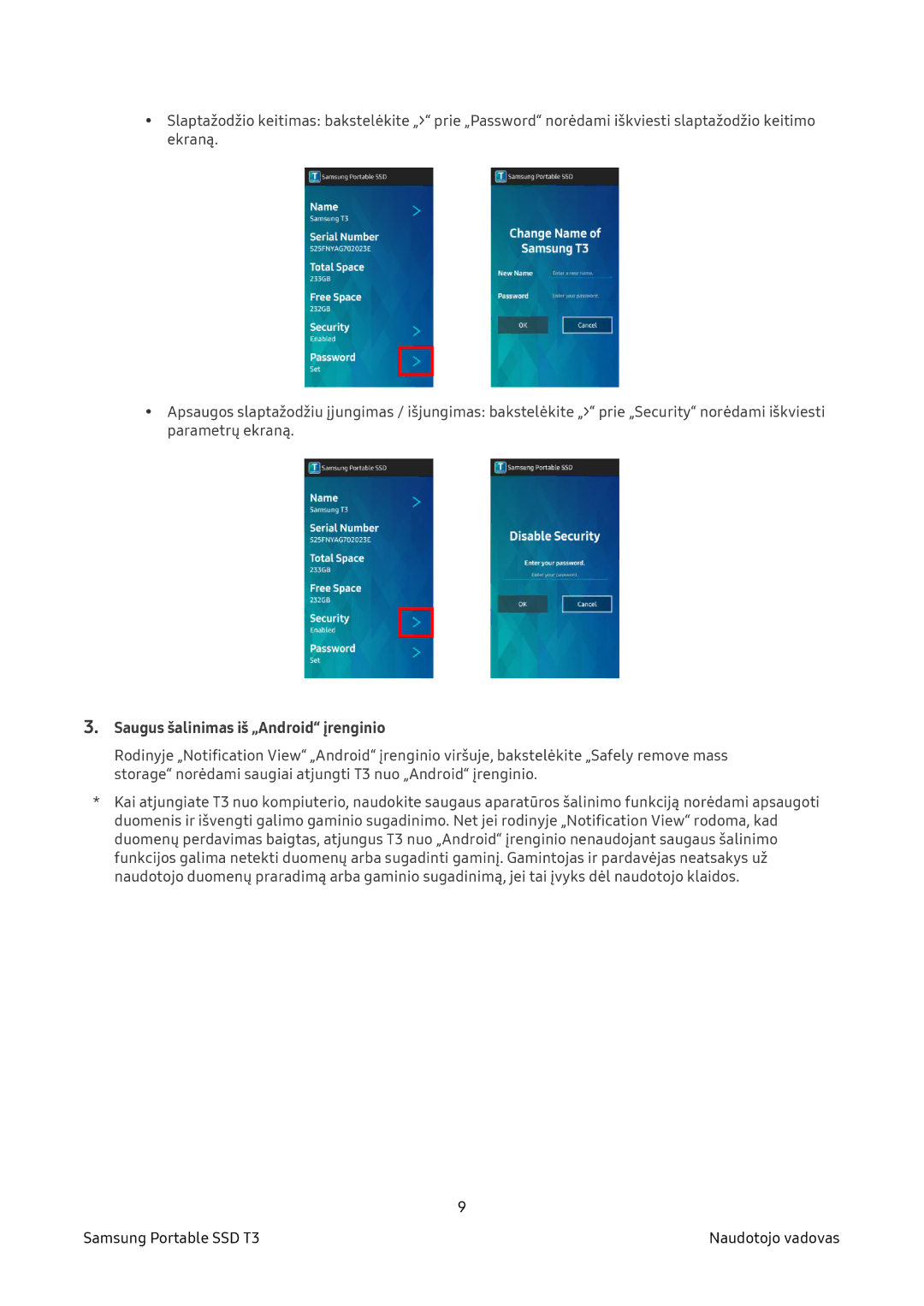 Samsung MU-PT500B/EU, MU-PT250B/EU manual Saugus šalinimas iš „Android įrenginio 