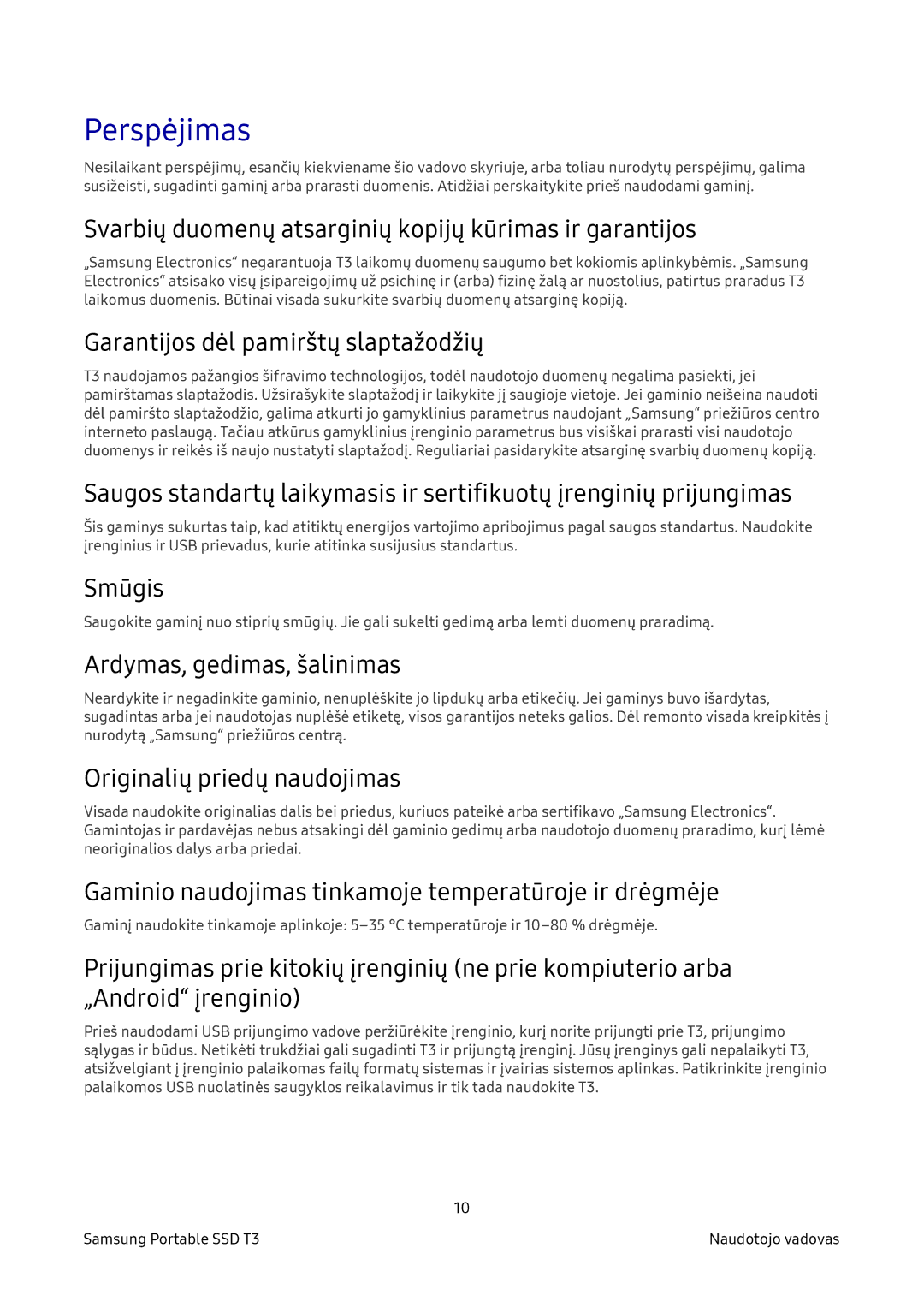 Samsung MU-PT250B/EU, MU-PT500B/EU manual Perspėjimas 