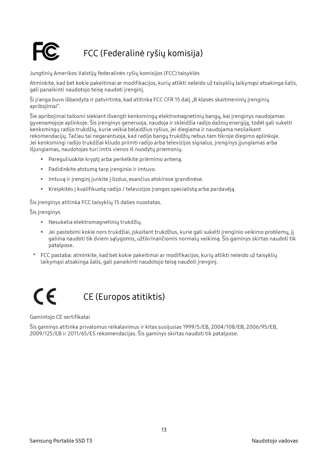 Samsung MU-PT500B/EU, MU-PT250B/EU manual FCC Federalinė ryšių komisija, CE Europos atitiktis 