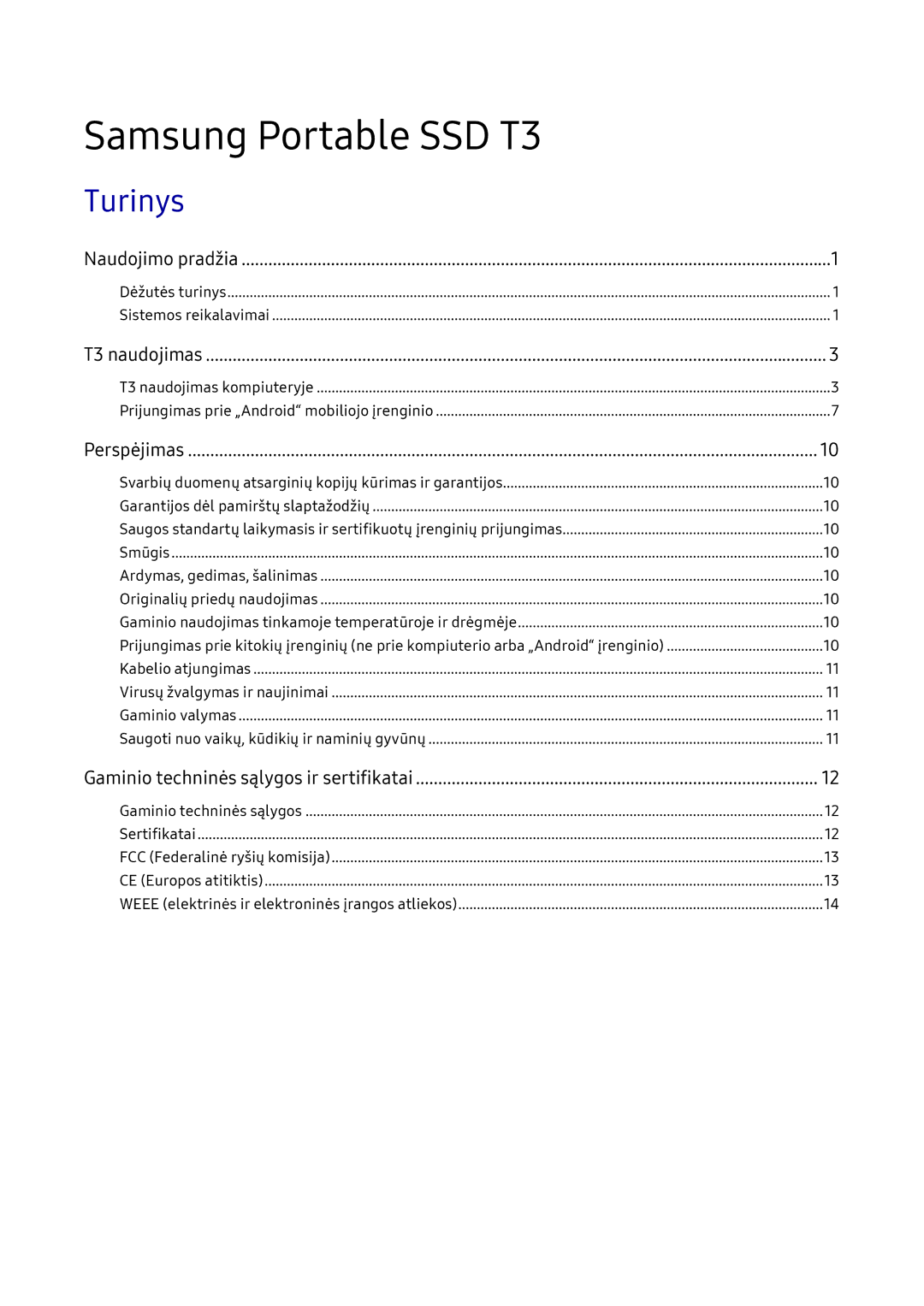 Samsung MU-PT250B/EU, MU-PT500B/EU manual Samsung Portable SSD T3, Turinys 