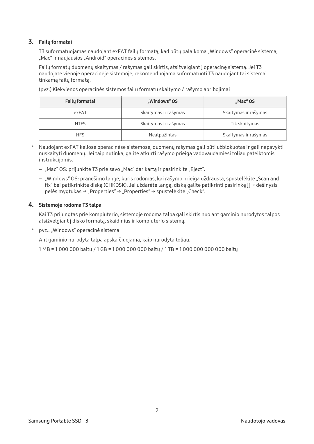 Samsung MU-PT250B/EU, MU-PT500B/EU manual Sistemoje rodoma T3 talpa, Failų formatai „Windows OS „Mac OS 