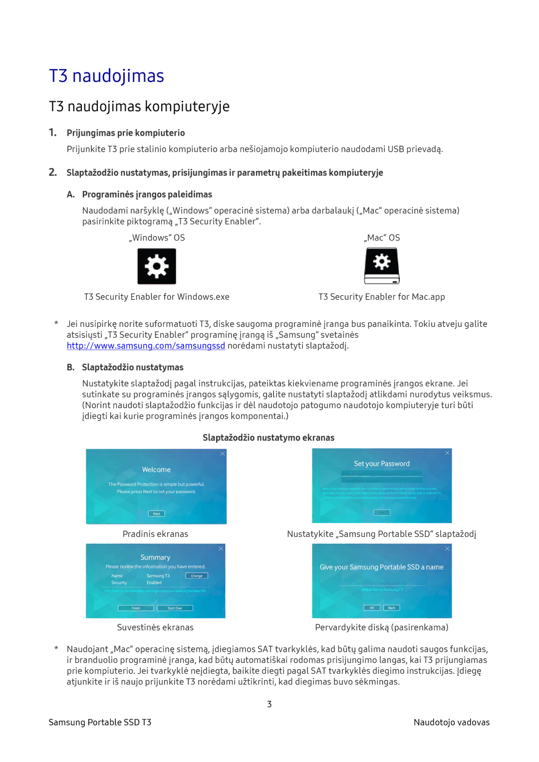 Samsung MU-PT500B/EU, MU-PT250B/EU T3 naudojimas kompiuteryje, Prijungimas prie kompiuterio, Slaptažodžio nustatymas 