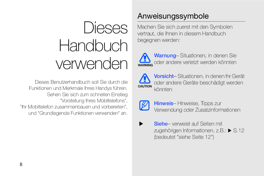 Samsung MUGM8800DKASTD manual Dieses Handbuch verwenden, Anweisungssymbole 