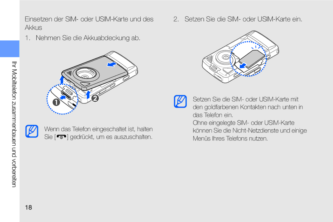 Samsung MUGM8800DKASTD manual Ihr Mobiltelefon zusammenbauen und vorbereiten 