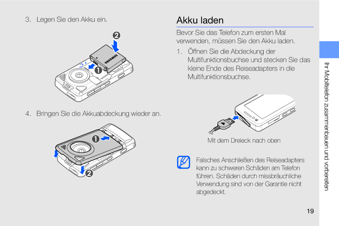 Samsung MUGM8800DKASTD manual Akku laden, Ihr Mobiltelefon zusammenbauen und vorbereiten 