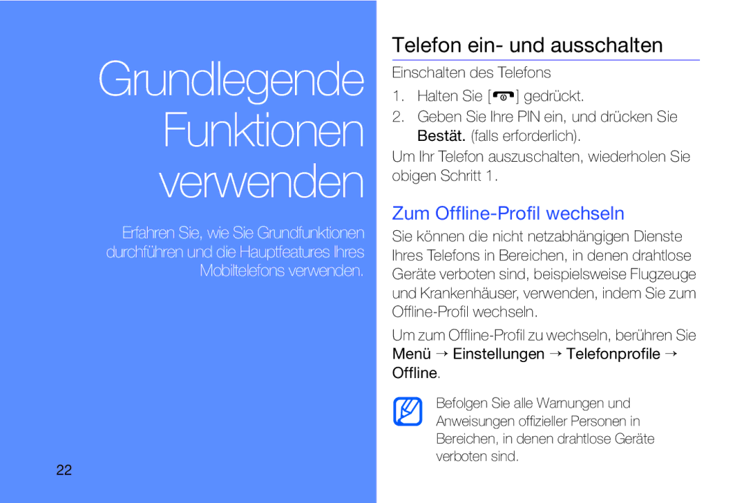 Samsung MUGM8800DKASTD manual Telefon ein- und ausschalten, Zum Offline-Profil wechseln 