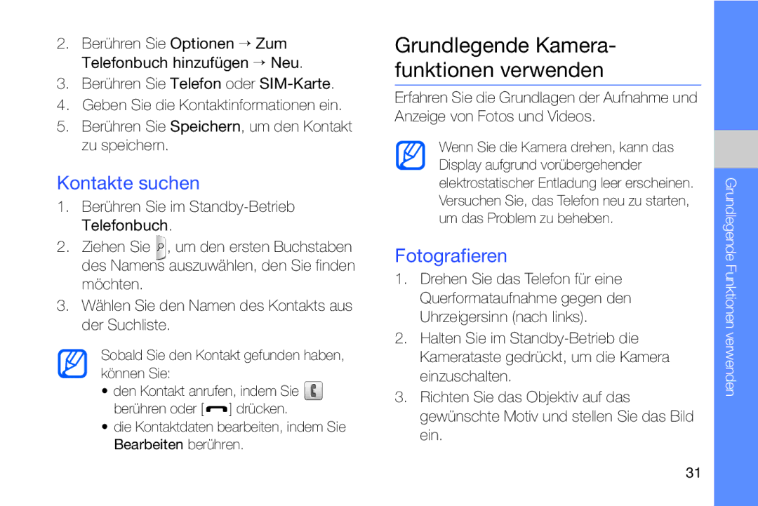 Samsung MUGM8800DKASTD manual Grundlegende Kamera- funktionen verwenden, Kontakte suchen, Fotografieren 
