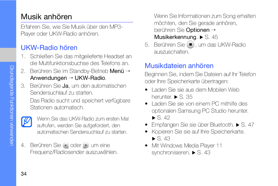 Samsung MUGM8800DKASTD manual Musik anhören, UKW-Radio hören, Musikdateien anhören 