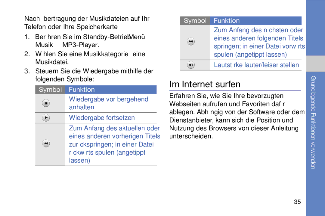 Samsung MUGM8800DKASTD manual Im Internet surfen, Wiedergabe vorübergehend anhalten Wiedergabe fortsetzen 