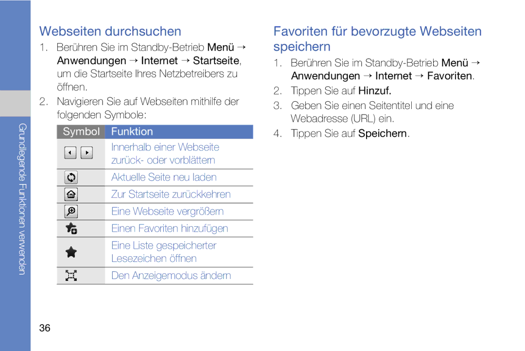 Samsung MUGM8800DKASTD manual Webseiten durchsuchen, Favoriten für bevorzugte Webseiten speichern 