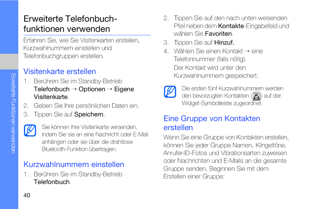 Samsung MUGM8800DKASTD Erweiterte Telefonbuch- funktionen verwenden, Visitenkarte erstellen, Kurzwahlnummern einstellen 