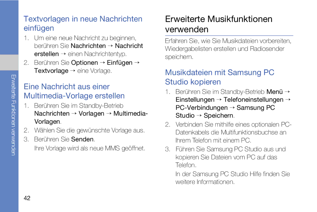 Samsung MUGM8800DKASTD manual Erweiterte Musikfunktionen verwenden, Textvorlagen in neue Nachrichten einfügen 