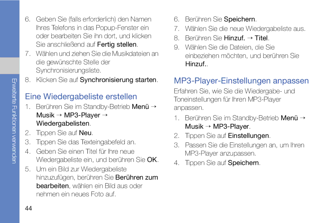 Samsung MUGM8800DKASTD manual Eine Wiedergabeliste erstellen, MP3-Player-Einstellungen anpassen 