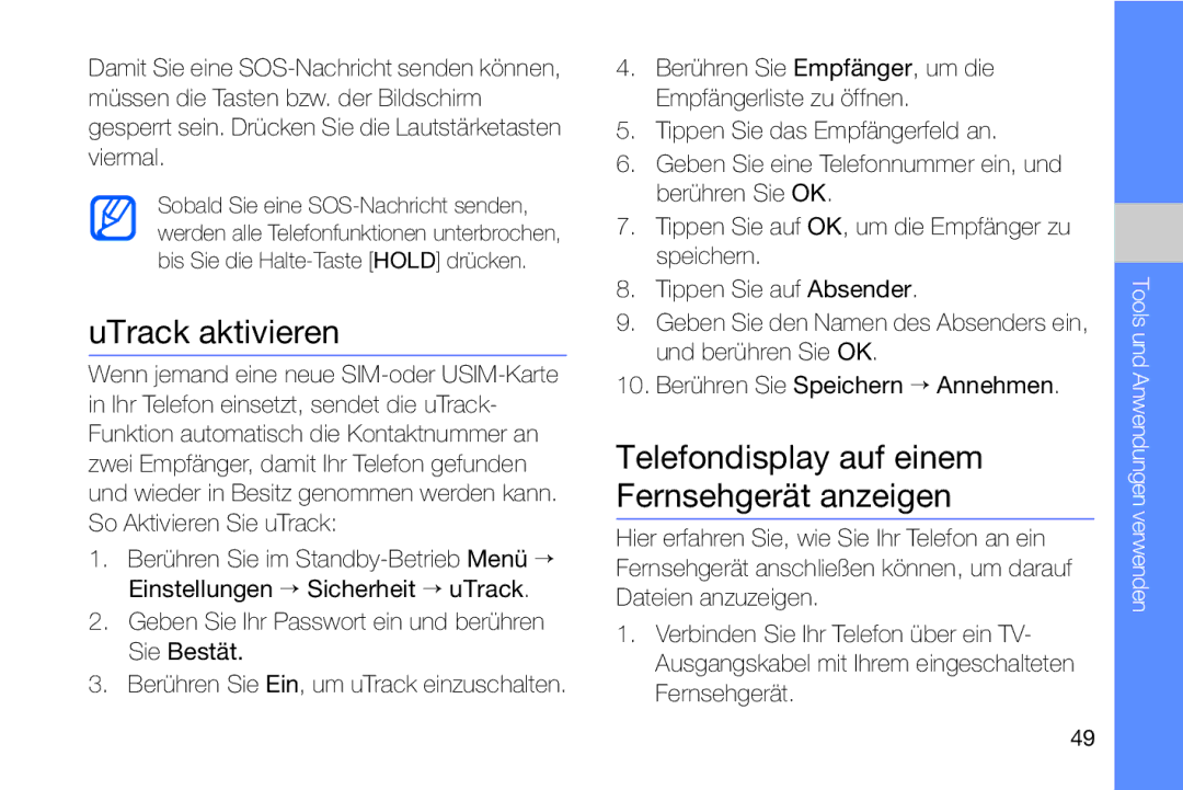 Samsung MUGM8800DKASTD manual UTrack aktivieren, Telefondisplay auf einem Fernsehgerät anzeigen 