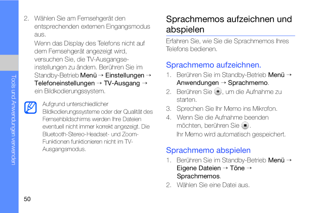 Samsung MUGM8800DKASTD manual Sprachmemos aufzeichnen und abspielen, Sprachmemo aufzeichnen, Sprachmemo abspielen 