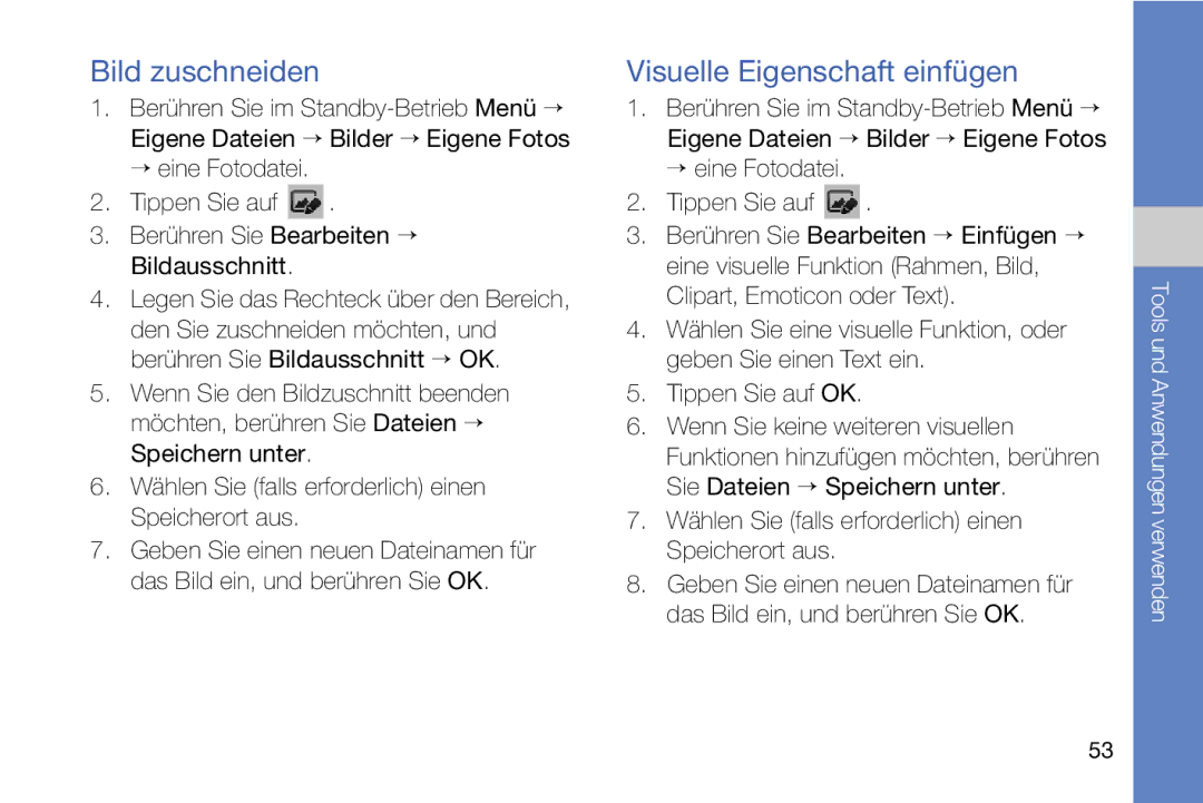 Samsung MUGM8800DKASTD manual Bild zuschneiden, Visuelle Eigenschaft einfügen 