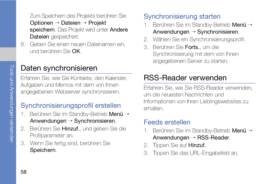 Samsung MUGM8800DKASTD Daten synchronisieren, RSS-Reader verwenden, Synchronisierungsprofil erstellen, Feeds erstellen 