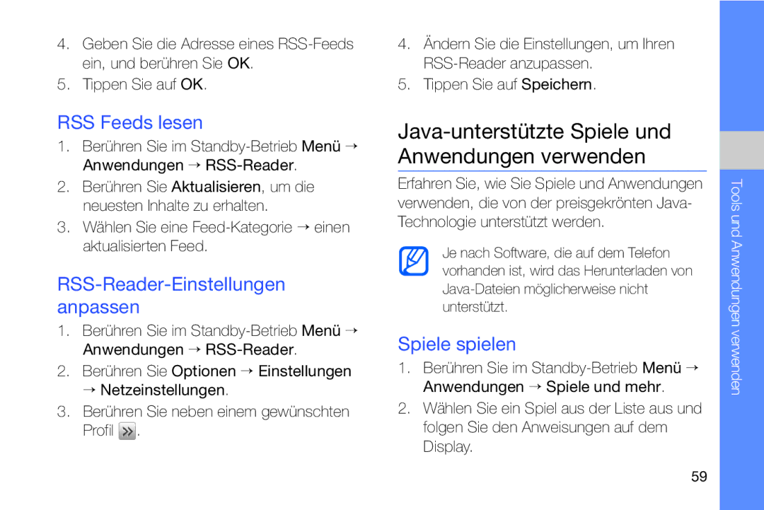 Samsung MUGM8800DKASTD manual Java-unterstützte Spiele und Anwendungen verwenden, RSS Feeds lesen, Spiele spielen 