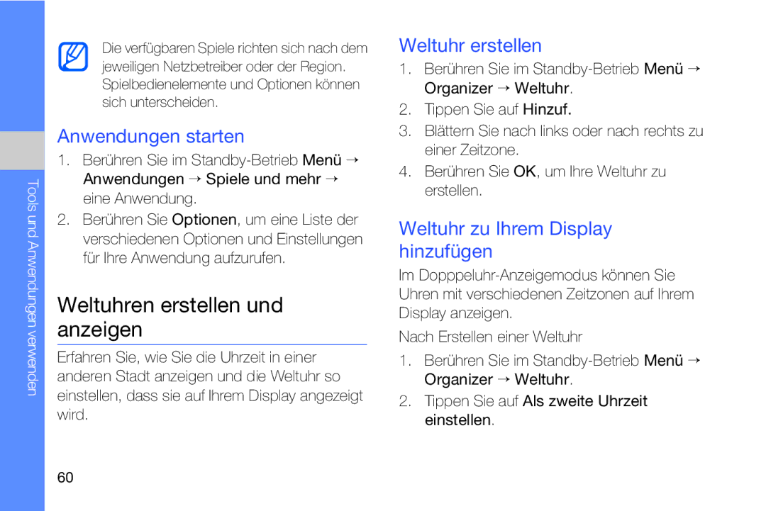 Samsung MUGM8800DKASTD manual Weltuhren erstellen und anzeigen, Anwendungen starten, Weltuhr erstellen 