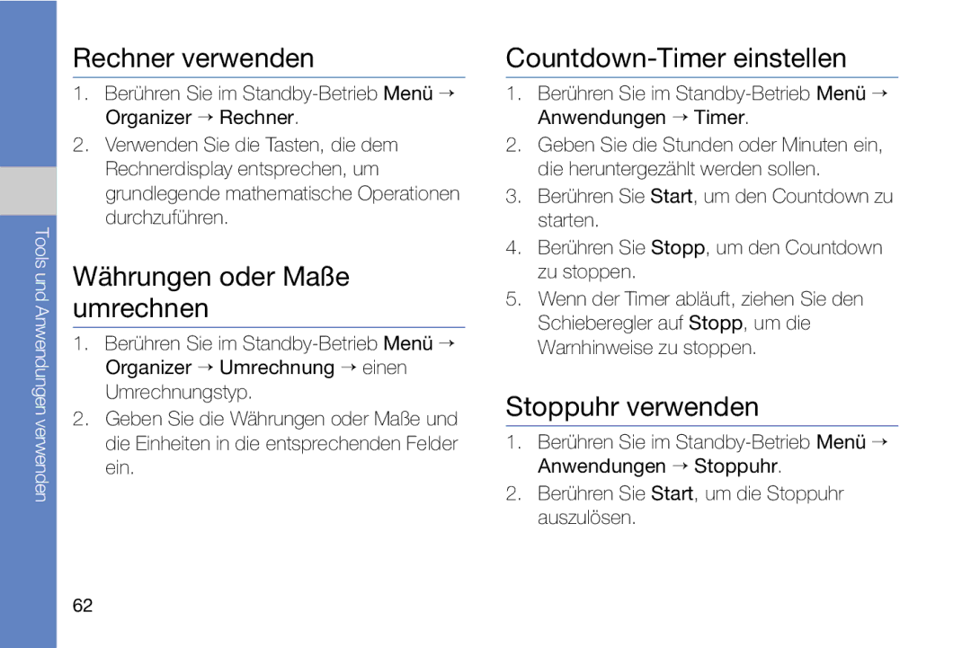 Samsung MUGM8800DKASTD Rechner verwenden, Währungen oder Maße umrechnen, Countdown-Timer einstellen, Stoppuhr verwenden 