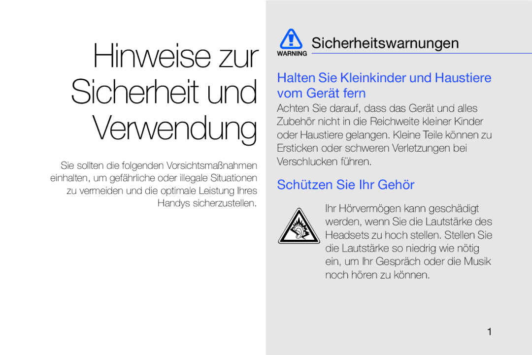 Samsung MUGM8800DKASTD Sicherheitswarnungen, Halten Sie Kleinkinder und Haustiere vom Gerät fern, Schützen Sie Ihr Gehör 