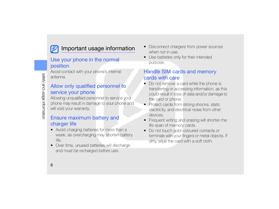 Samsung MUGM8800DKASTD manual Important usage information, Use your phone in the normal position 