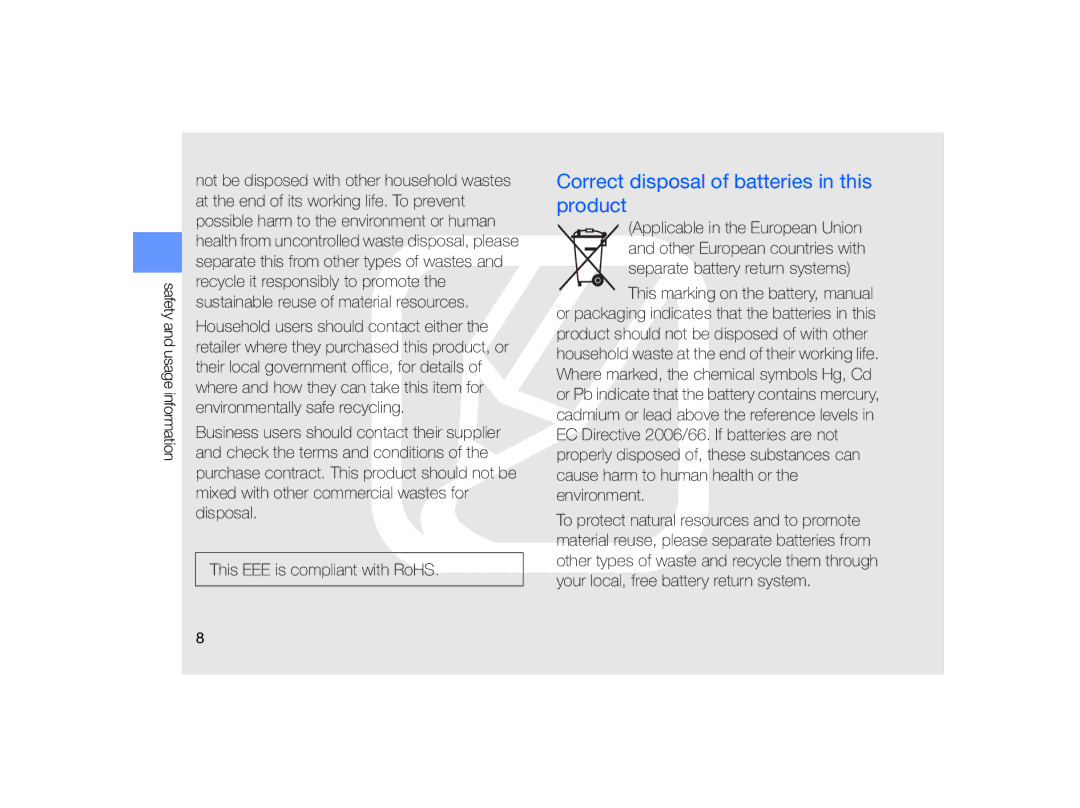 Samsung MUGM8800DKASTD manual Correct disposal of batteries in this product 