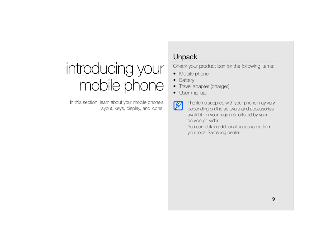 Samsung MUGM8800DKASTD manual Introducing your mobile phone, Unpack 