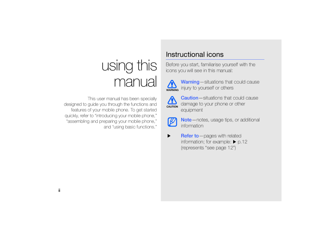 Samsung MUGM8800DKASTD Using this manual, Instructional icons 