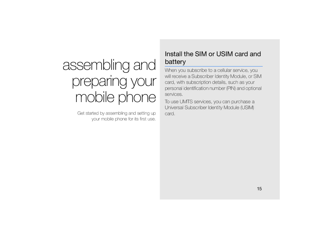 Samsung MUGM8800DKASTD manual Assembling and preparing your mobile phone, Install the SIM or Usim card and battery 