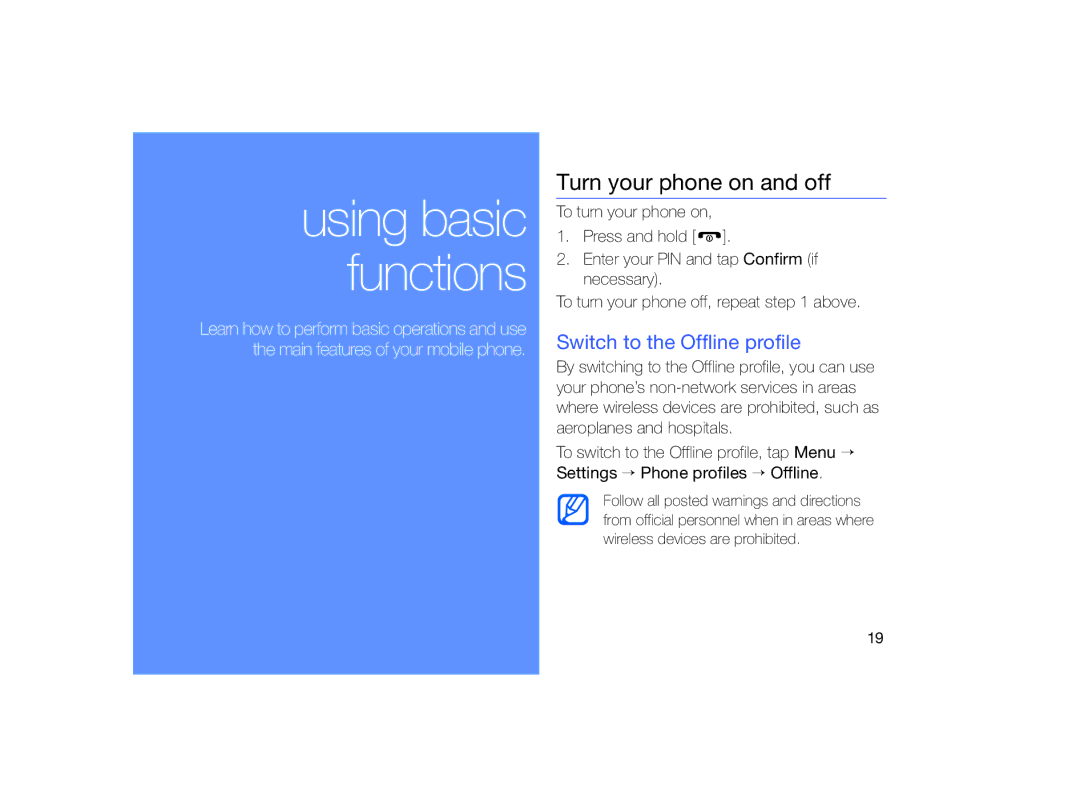 Samsung MUGM8800DKASTD manual Turn your phone on and off, Switch to the Offline profile 