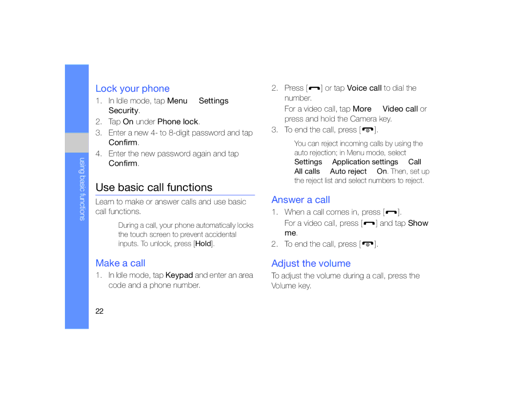 Samsung MUGM8800DKASTD manual Use basic call functions, Lock your phone, Make a call, Answer a call, Adjust the volume 