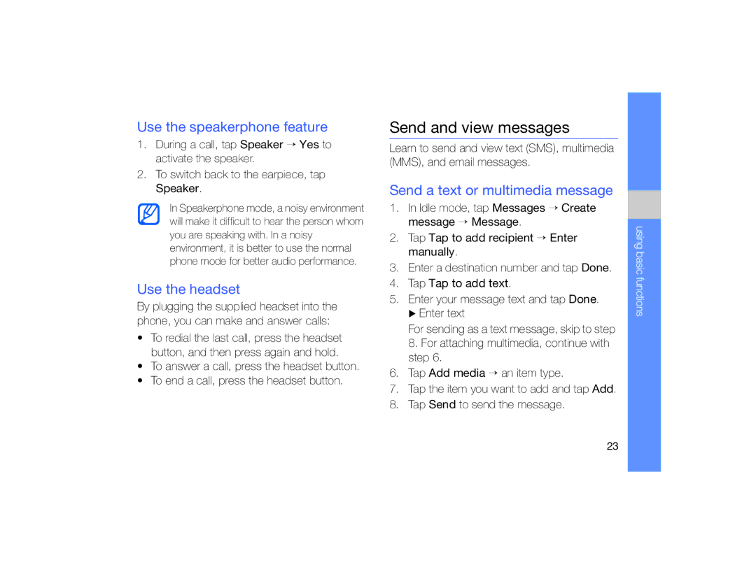 Samsung MUGM8800DKASTD manual Send and view messages, Use the speakerphone feature, Use the headset 