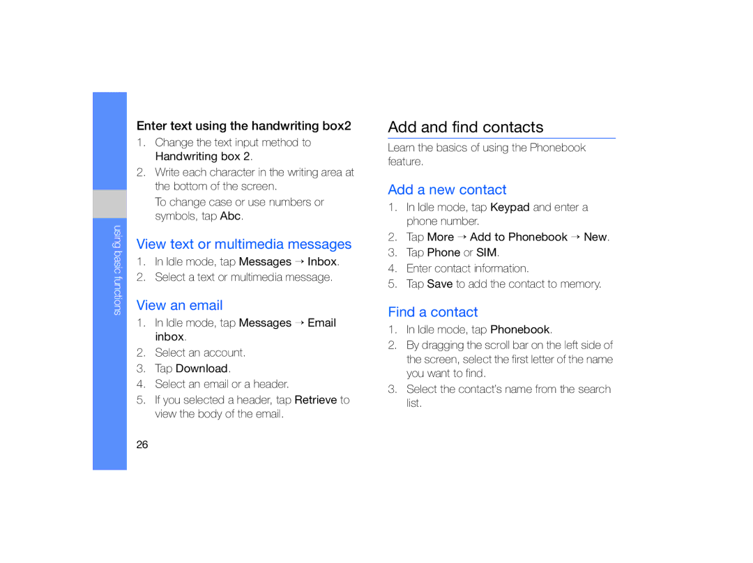 Samsung MUGM8800DKASTD manual Add and find contacts, View text or multimedia messages, View an email, Add a new contact 