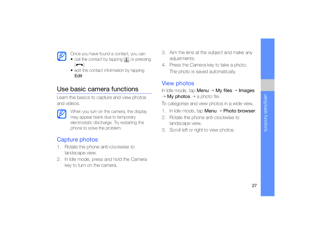 Samsung MUGM8800DKASTD manual Use basic camera functions, Capture photos, View photos 