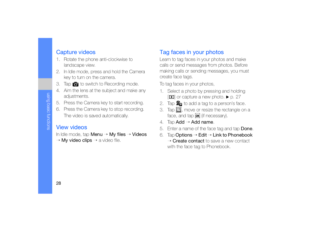 Samsung MUGM8800DKASTD manual Capture videos, View videos, Tag faces in your photos 