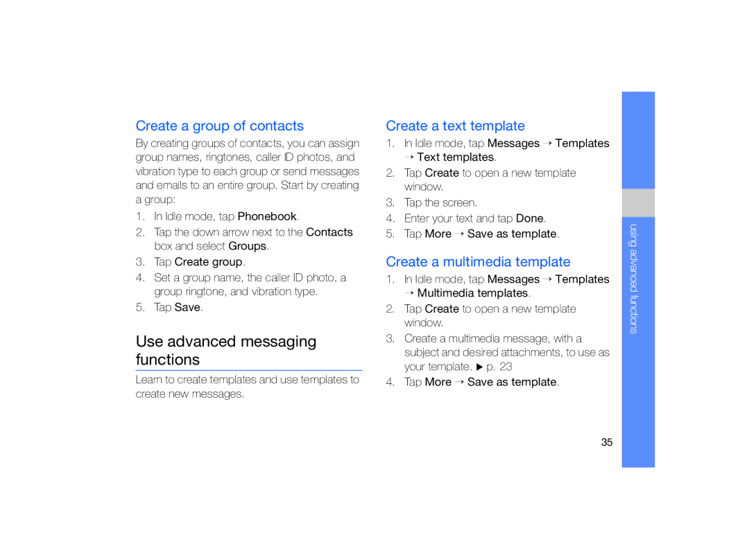 Samsung MUGM8800DKASTD manual Use advanced messaging functions, Create a group of contacts, Create a text template 
