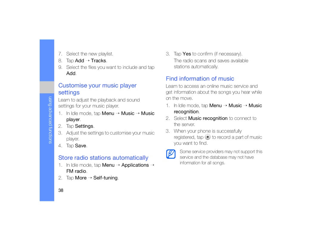 Samsung MUGM8800DKASTD Customise your music player settings, Store radio stations automatically, Find information of music 