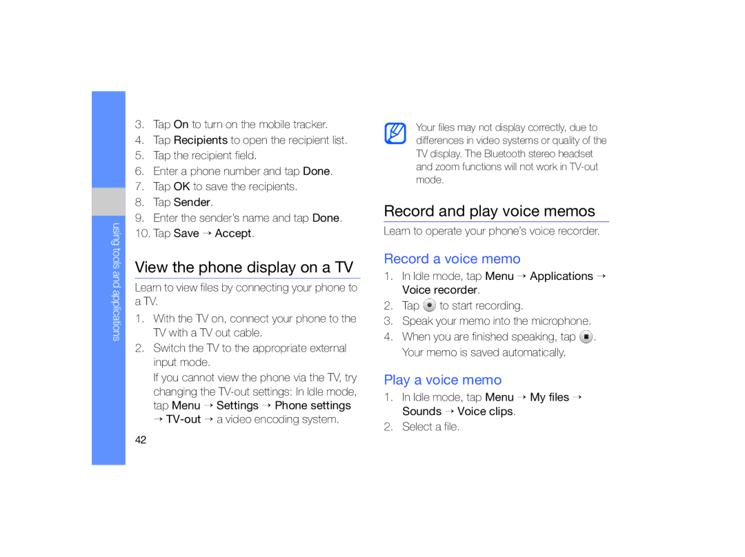 Samsung MUGM8800DKASTD View the phone display on a TV, Record and play voice memos, Record a voice memo, Play a voice memo 