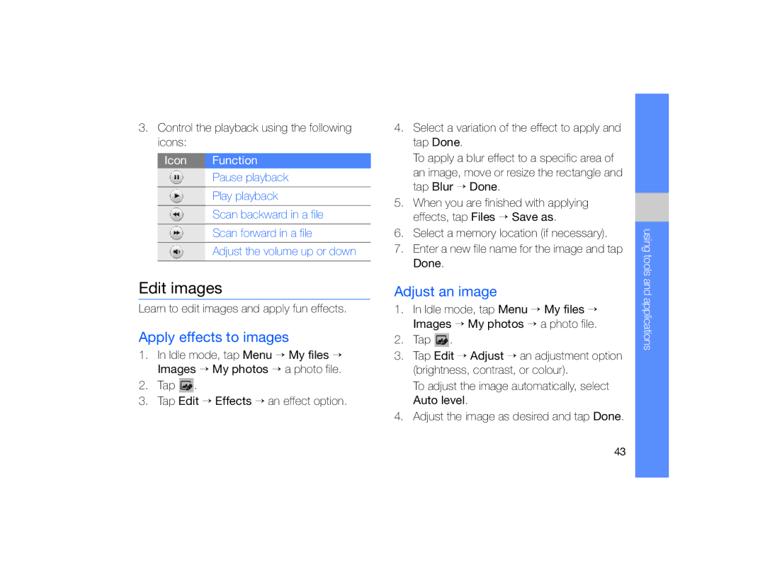 Samsung MUGM8800DKASTD manual Edit images, Apply effects to images, Adjust an image 