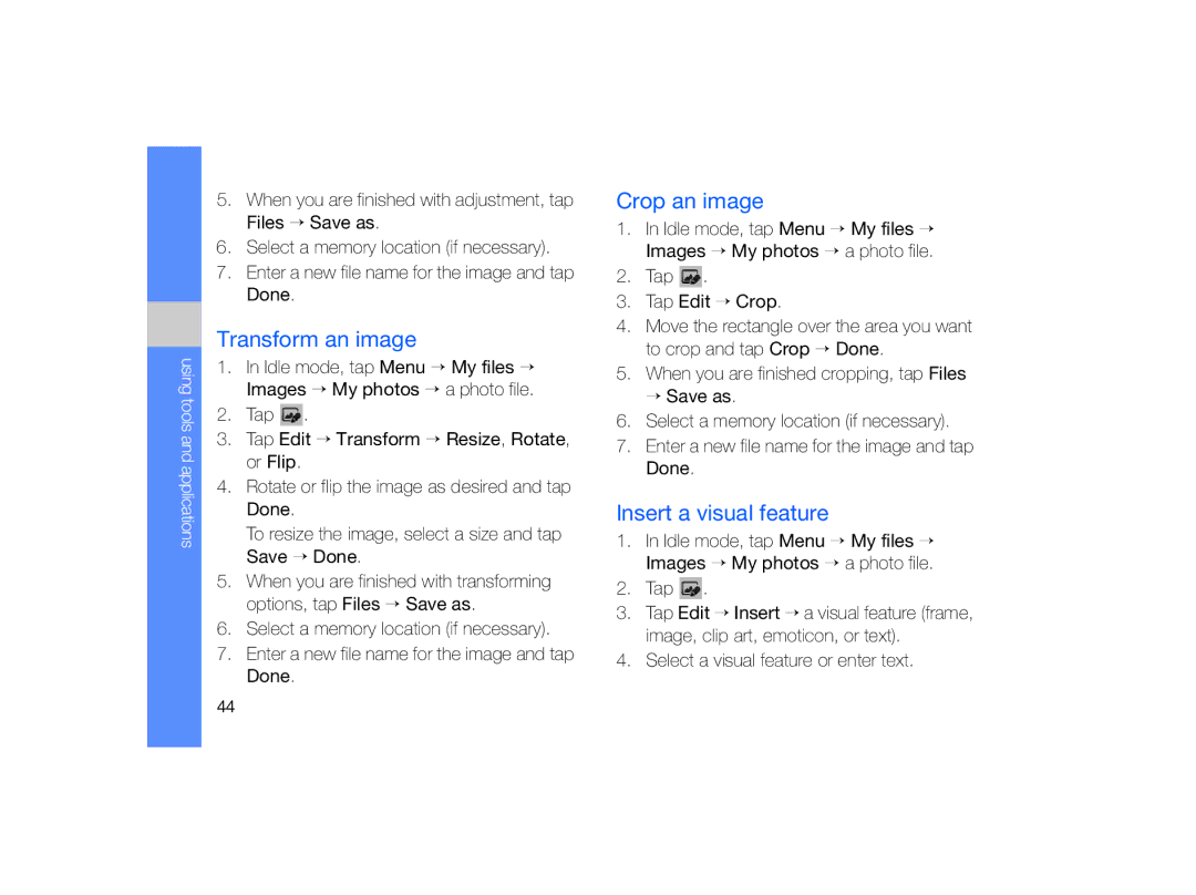 Samsung MUGM8800DKASTD manual Transform an image, Crop an image, Insert a visual feature 