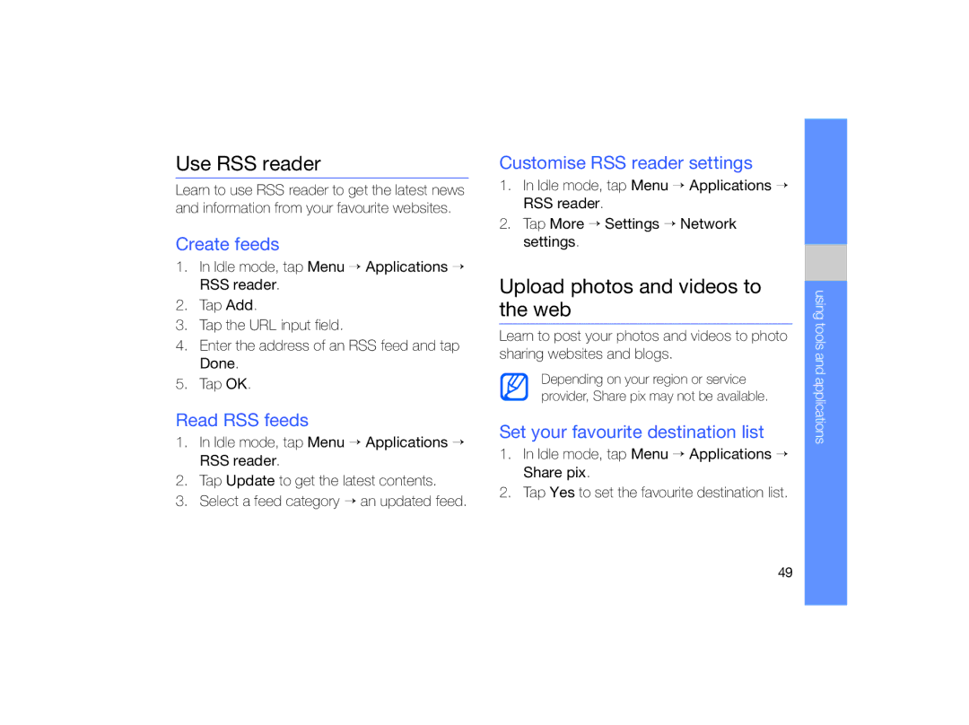 Samsung MUGM8800DKASTD manual Use RSS reader, Upload photos and videos to the web 