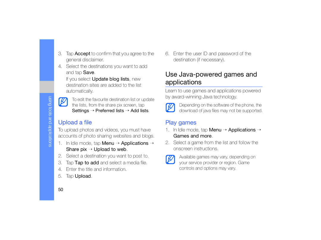 Samsung MUGM8800DKASTD manual Use Java-powered games and applications, Upload a file, Play games 