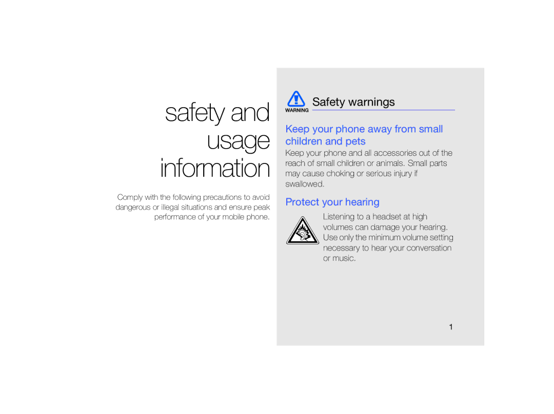 Samsung MUGM8800DKASTD manual Safety warnings, Keep your phone away from small children and pets, Protect your hearing 